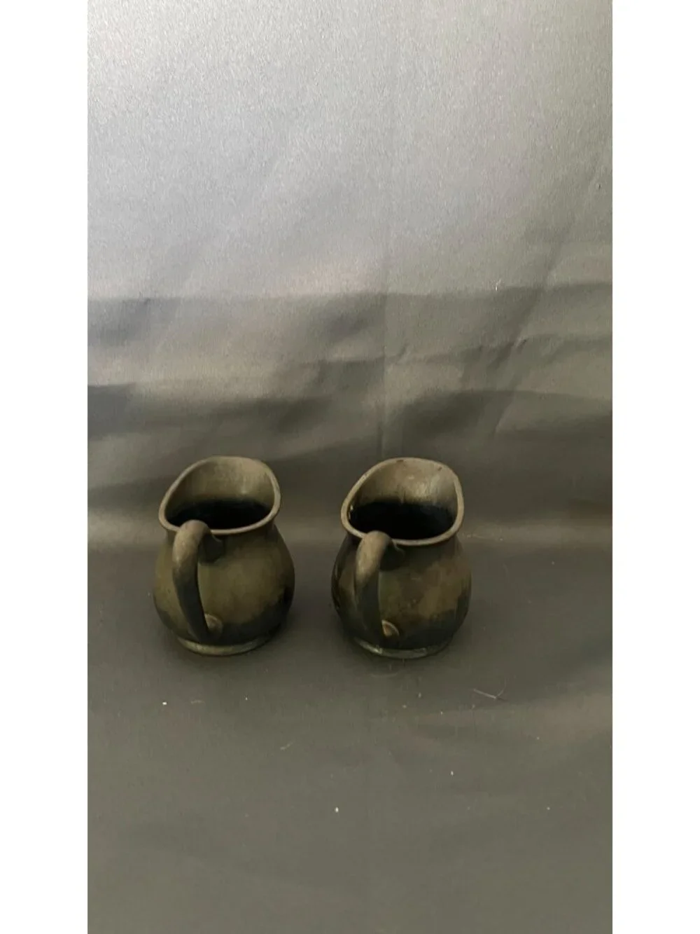 Vintage Pair Of Pewter Creamers With Handles & Marked Bases